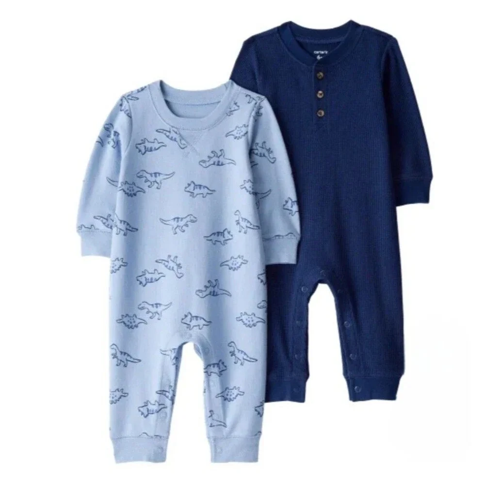 Carter's Baby Boy 2-pack Cotton Snap Jumpsuits Footies Blue Dinosaur Print 12M